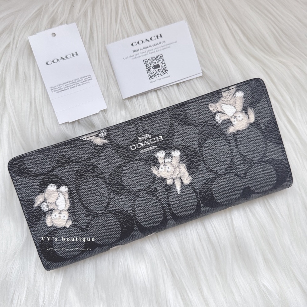 Coach Slim Wallet In Signature Canvas With Happy Dog Print Black Blue CC927